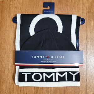 Tommy Hilfiger Scarf Beanie Set Navy Blue White Cable Knit Unisex Style Big Logo